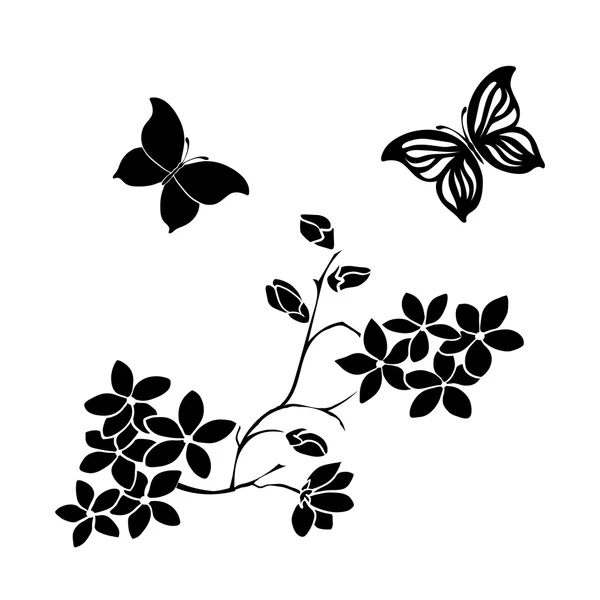 Ramita flores de cerezo y mariposas — Vector de stock
