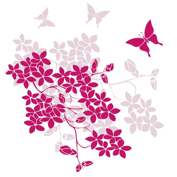 Ramita flores de cerezo y mariposas — Vector de stock