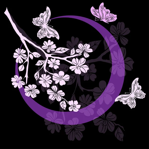 Rameaux fleurs de cerisier et papillon — Image vectorielle