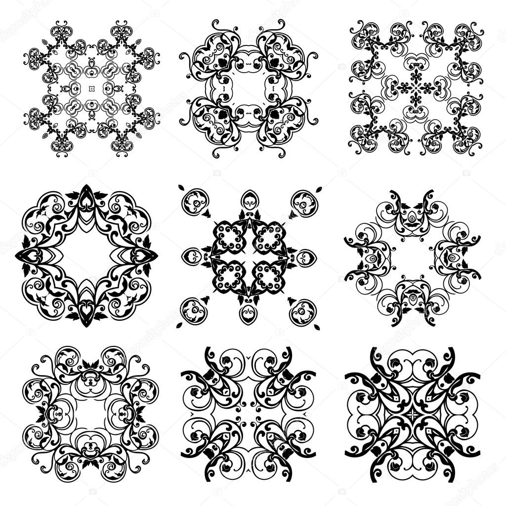 Set of Ornaments black white cards with mandalas. 