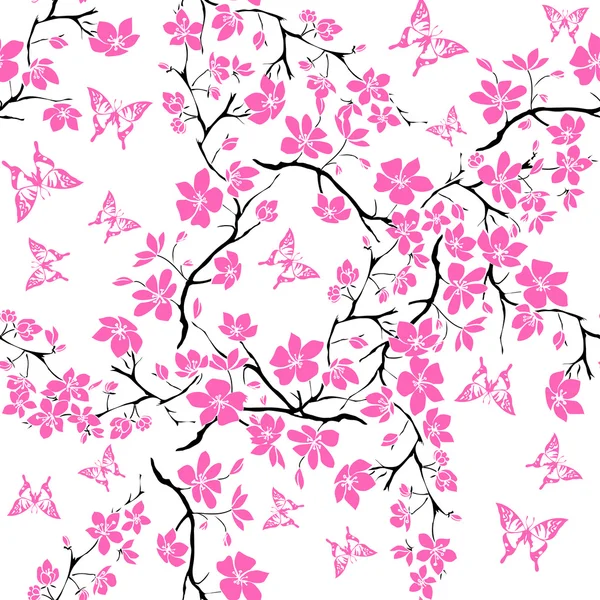 Zweig Kirschblüten und Schmetterling. nahtlos — Stockvektor