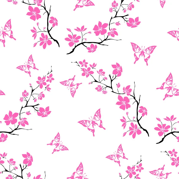 Twig fleurs de cerisier et de papillon. Sans couture — Image vectorielle