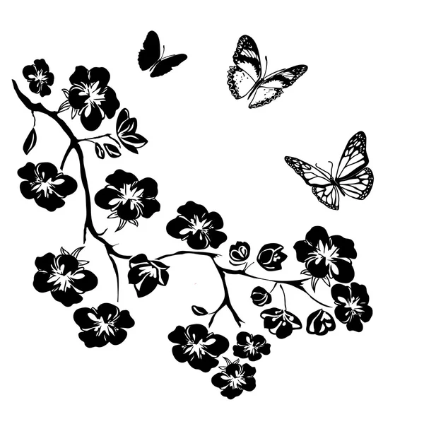 Kvist blommande körsbärsträd och fjärilar — Stock vektor