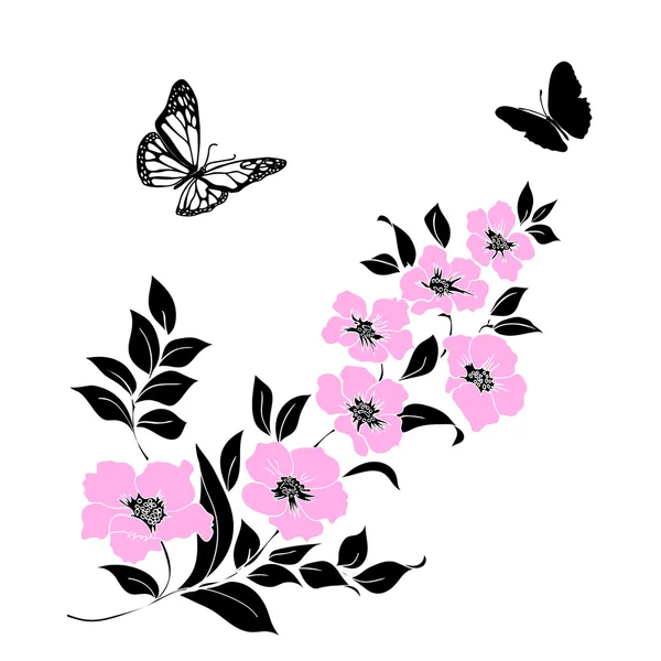 Flores de cereja de galho e borboletas — Vetor de Stock