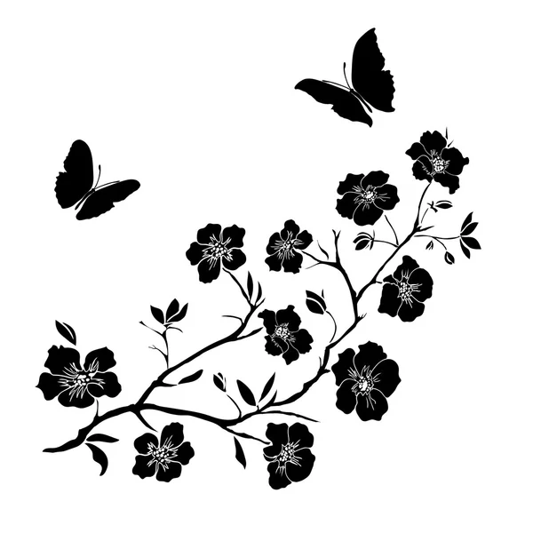 Twig kersenbloesem en vlinders — Stockvector