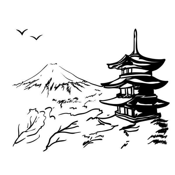 Paisaje con monte Fuji, árbol de sakura e ilustración de pagoda de Japón — Vector de stock
