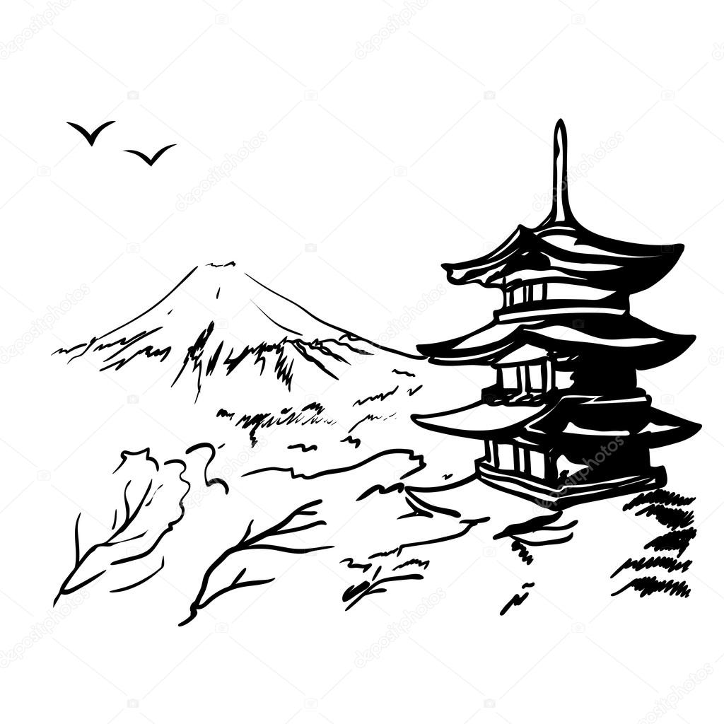 landscape with Fuji mount, sakura tree and Japan  pagoda illustration