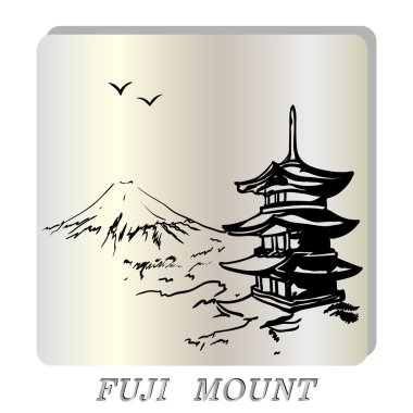 Fuji Dağı ile manzara, pagoda illüstrasyon Japan
