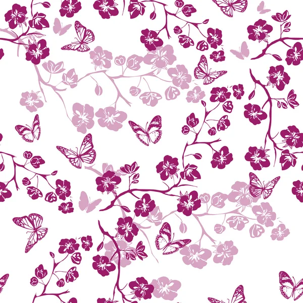 Twig fleurs de cerisier et de papillon. Sans couture — Image vectorielle