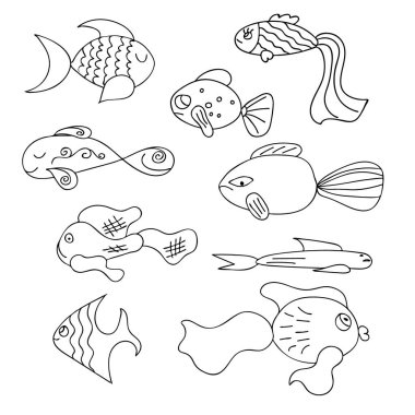 Bir çift deniz balığı. El yapımı siluetler. Vektör illüstrasyonu