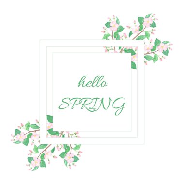 Merhaba, suluboya kartla boyanmış elma ağacı dallarından yapılmış bahar çerçevesi.