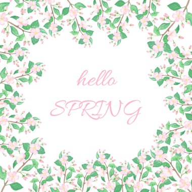 Merhaba, suluboya kartla boyanmış elma ağacı dallarından yapılmış bahar çerçevesi.