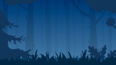 Arka plan ormanı. Ağaçların ve çimenlerin siluetleri. Vektör illüstrasyonu