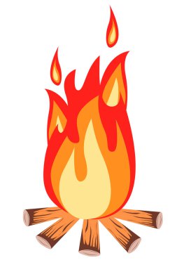  Ahşap odunları olan yanan bir şenlik ateşi. Beyaz bir arka planda izole edilmiş. Vektör illüstrasyonu