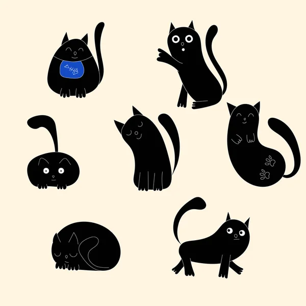 Una Serie Simpatici Gatti Neri Illustrazione Vettoriale — Vettoriale Stock