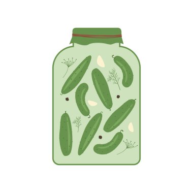 Bir kavanoz konserve salatalık. Doğal organik gıda. Çiftlik ürünleri. Vektör illüstrasyonu