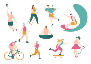 Komik erkekler ve kadınlar farklı sporlarda yer alırlar. Hazır ol. Fiziksel aktivite, sağlıklı yaşam tarzı. Açık hava fitness