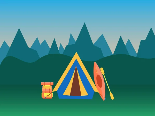 Tourist tent on the background of nature. Mountainous terrain. — Stock Vector