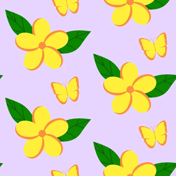 Seamless Pattern Yellow Tropical Flowers Butterflies Vector Illustration — Stock Vector