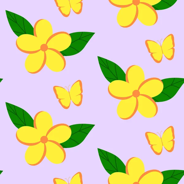 Płynny wzór żółtych tropikalnych kwiatów i motyli. — Wektor stockowy