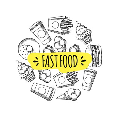 Fast food. Çizgi film vektör arka plan kümesi.