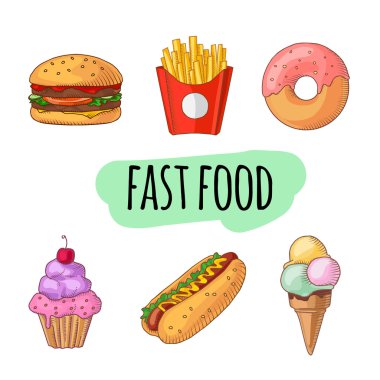 Fast food. Çizgi film vektör simge kümesi.