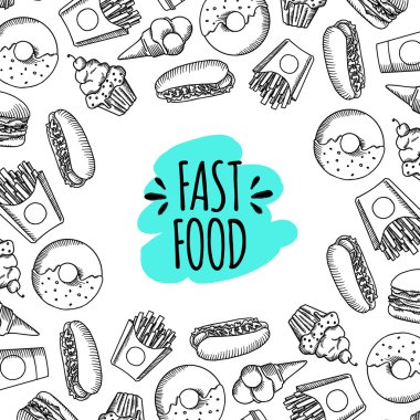 Fast food. Çizgi film vektör arka plan kümesi.