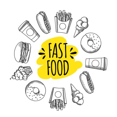 Fast food. Çizgi film vektör simge kümesi.