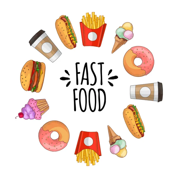 Fast Food. Reihe von Cartoon-Vektor-Symbolen. — Stockvektor