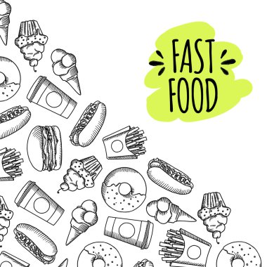 Fast food. Çizgi film vektör simge kümesi.