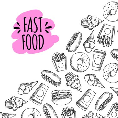 Fast food. Çizgi film vektör arka plan kümesi.