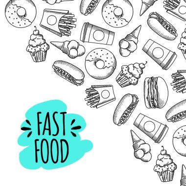 Fast food. Çizgi film vektör arka plan kümesi.