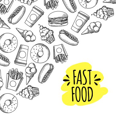 Fast food. Çizgi film vektör arka plan kümesi.