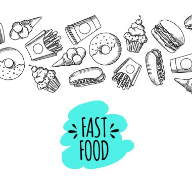 Fast food. Çizgi film vektör arka plan kümesi.