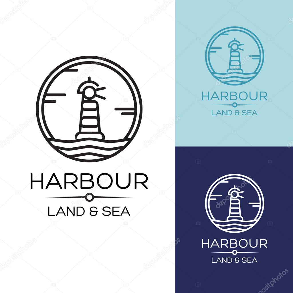 Flat lighthouse icon on blue sea