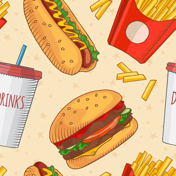 Fast food. Set van cartoon vector iconen op het patroon gelast — Stockvector