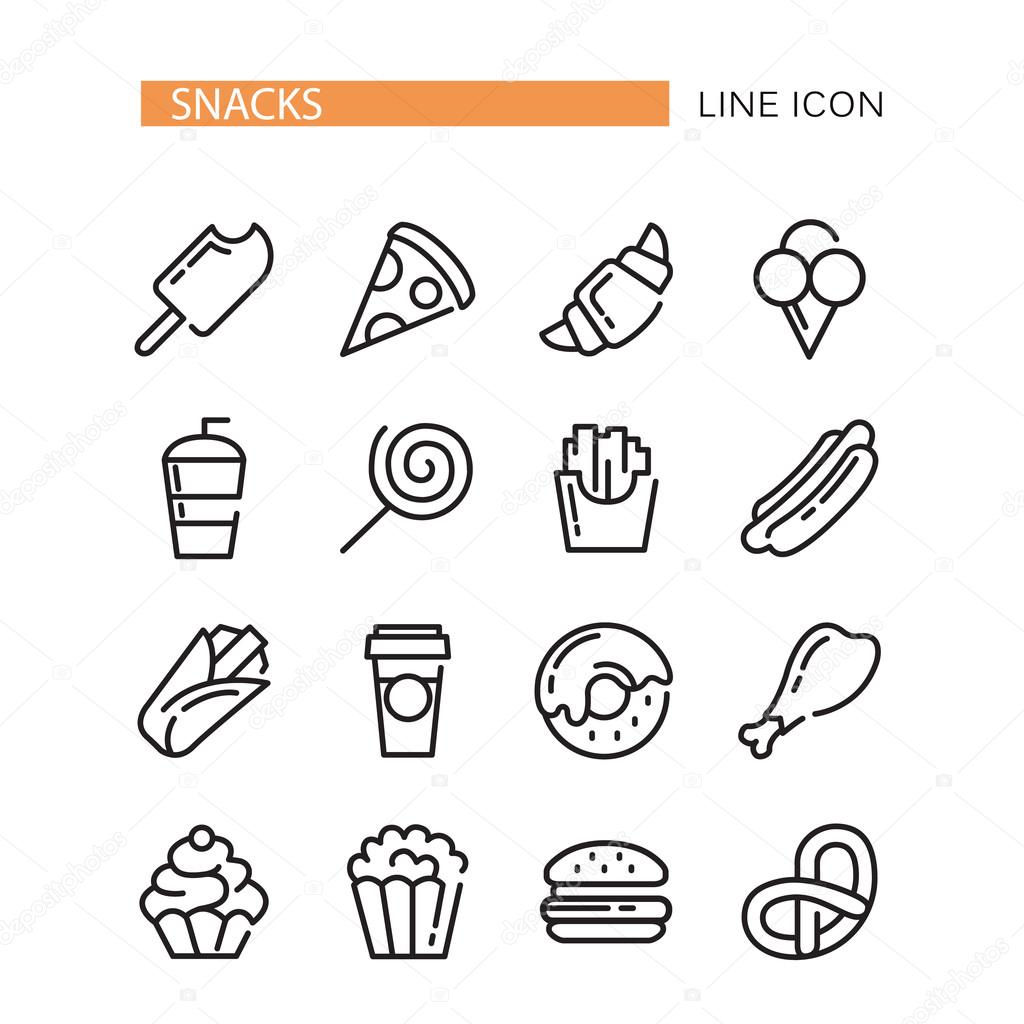 Fast food. Set of lined vector icons.