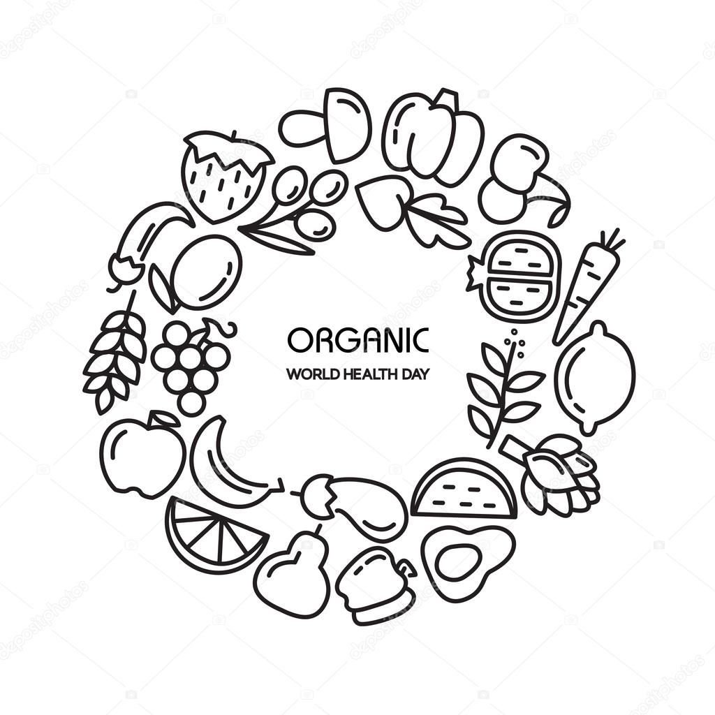 Illustrazione di sfondo di frutta e verdura — Vettoriali Stock Giorno di salute del mondo organico Illustrazione di sfondo di frutta e verdura — Vettoriali di vextok Trova immagini simili