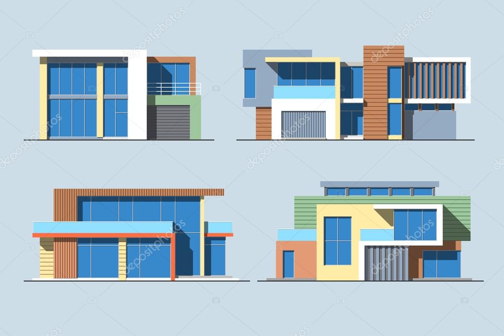 Set of various design color vector flat style modern private residential houses isolated on blue background. Detailed graphic symbols and elements collection