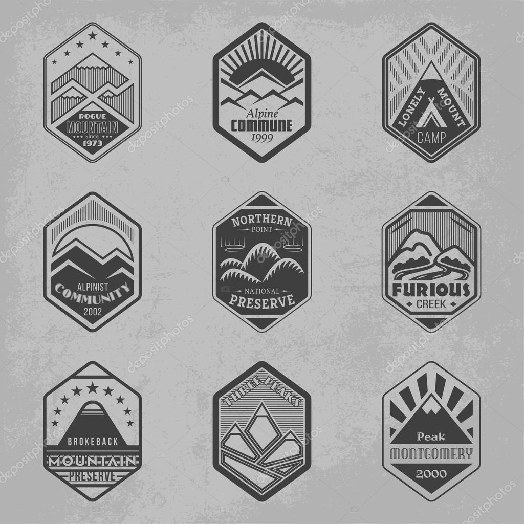 Set of alpinist and mountain climbing outdoor activity vector logos. Logotype templates and badges with mountains, peaks, creeks, trees, sun, tent. National parks and nature exploration symbols