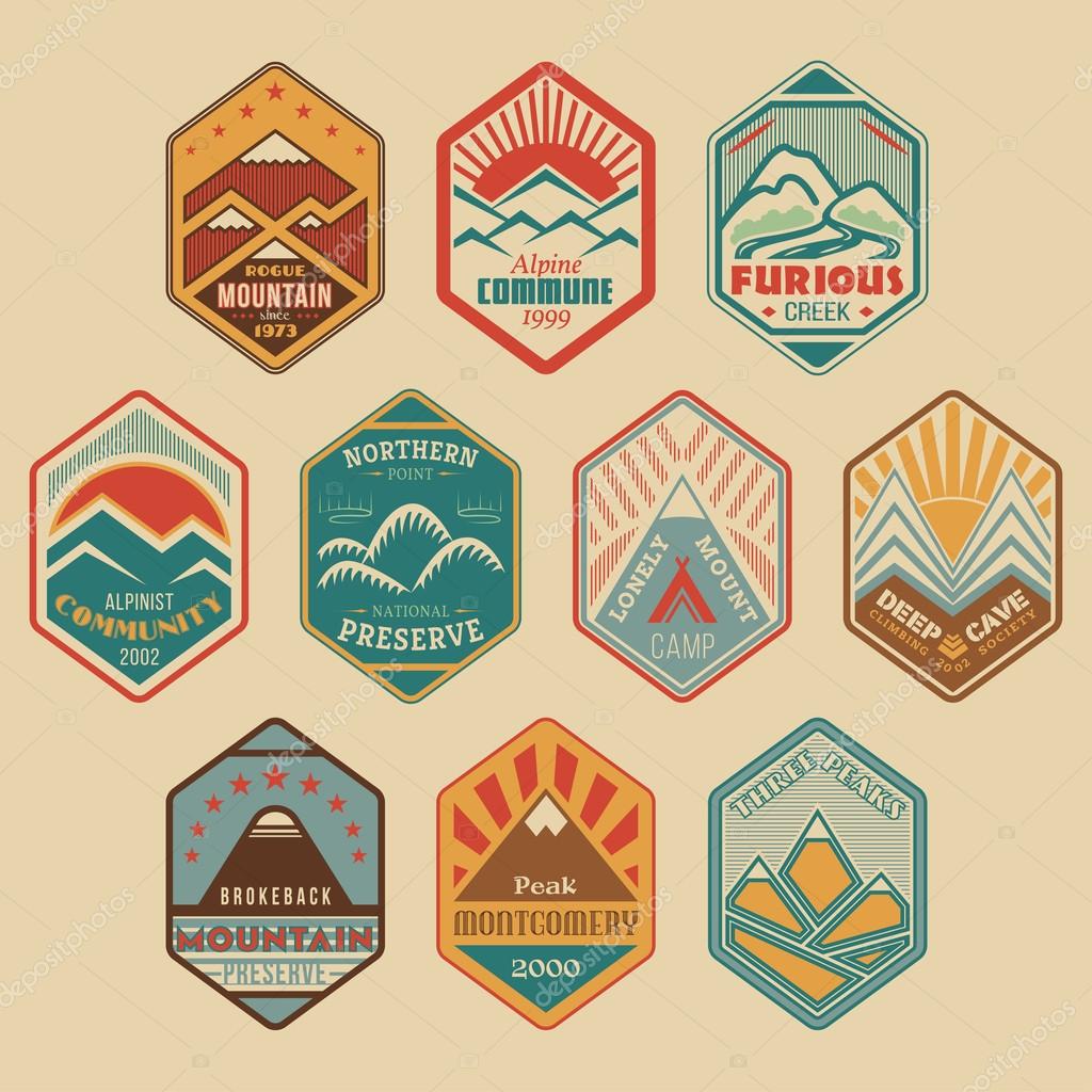 Set of retro-colored alpinist and mountain climbing outdoor activity vector logos. Logotype templates and badges with mountains, peaks, creeks, trees, sun, tent. National parks and nature exploration symbols