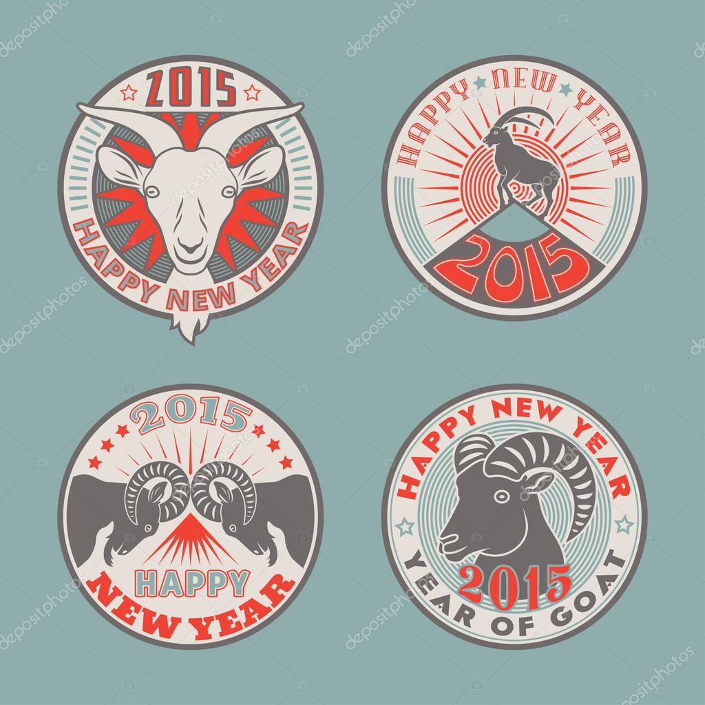Set of 2015 Chinese New Years symbol goat colored vector logos design. Logotype templates and badges with goats, mountains, sun and stars. Product promotion for christmas and new year advertising