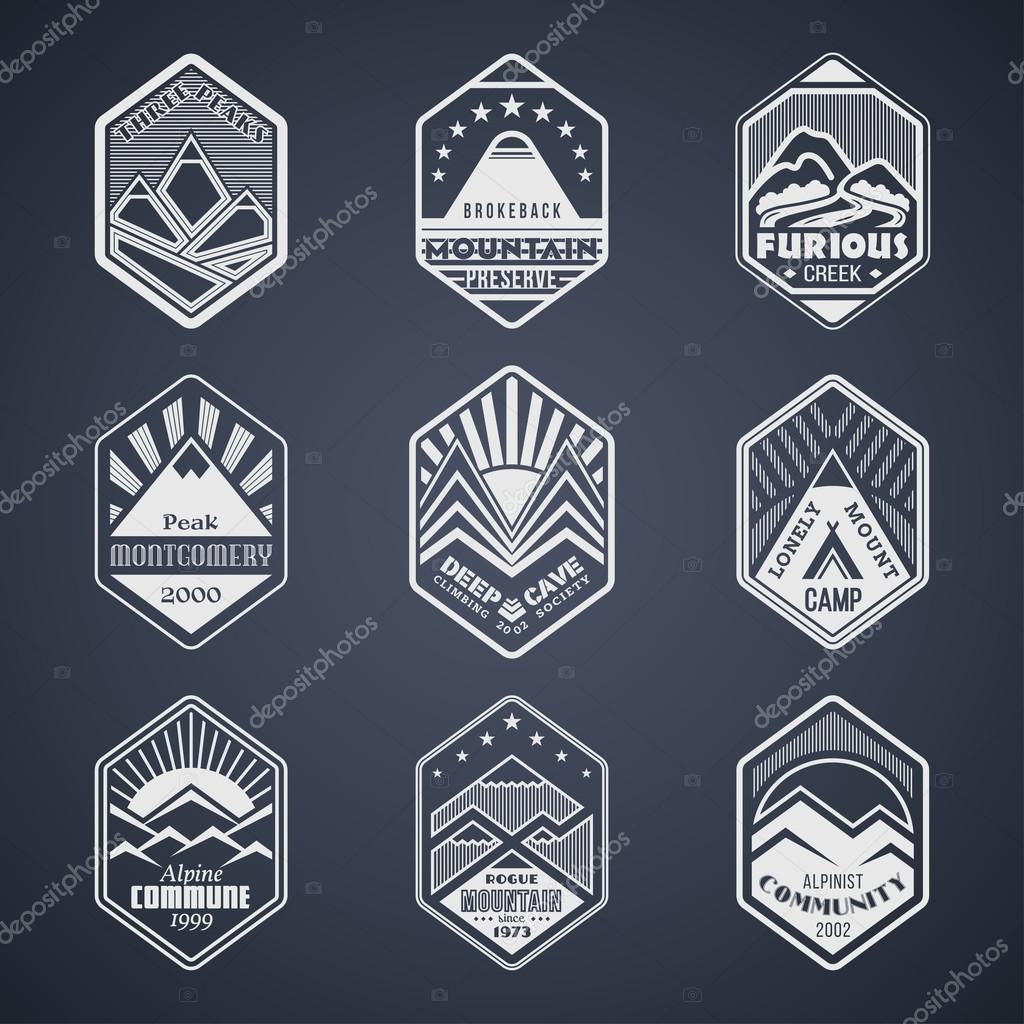 Set of alpinist and mountain climbing outdoor activity vector logos on black.Logotype templates and badges with mountains, peaks, creeks, trees, sun, tent.National parks and nature exploration symbols