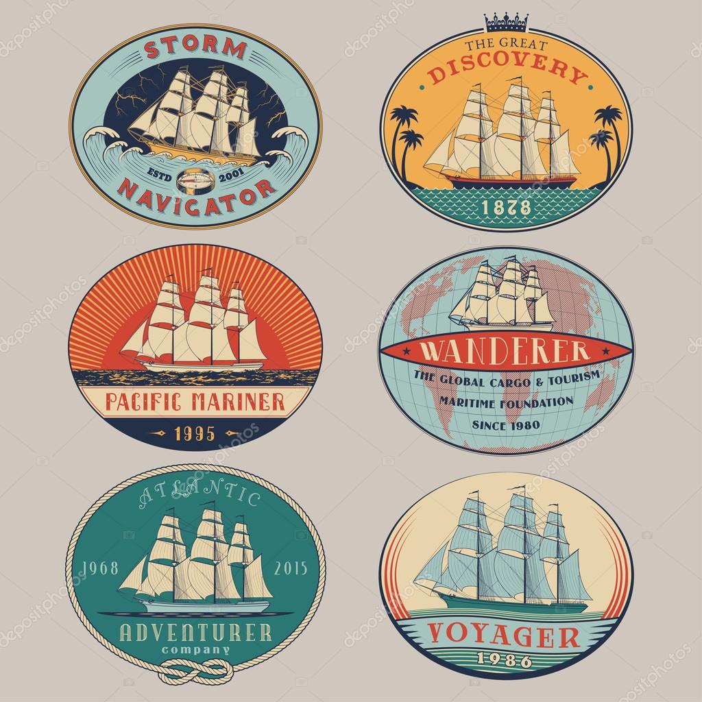 Set of nautical and maritime adventure vector color labels.Logotype templates and badges with ships,waves and design elements.Ocean and sea exploration,marine tourism and cargo transportation symbols