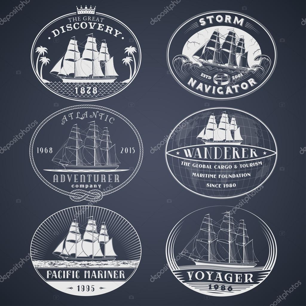 Set of nautical and maritime adventure vector labels.Logotype templates and badges with ships,waves and other design elements.Ocean and sea exploration,marine tourism and cargo transportation symbols