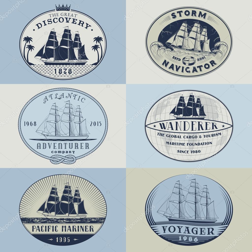Set of nautical and maritime adventure vector labels.Logotype templates and badges with ships,waves and other design elements.Ocean and sea exploration,marine tourism and cargo transportation symbols