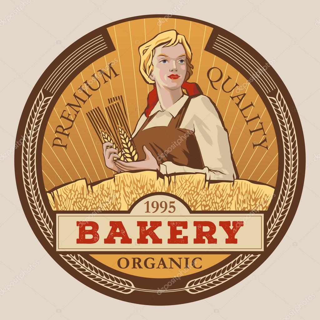 Young woman in working clothes holding spikelets among field of ripe grain vector label design.Logotype and badge template for bakery product promotion and advertising isolated on white background