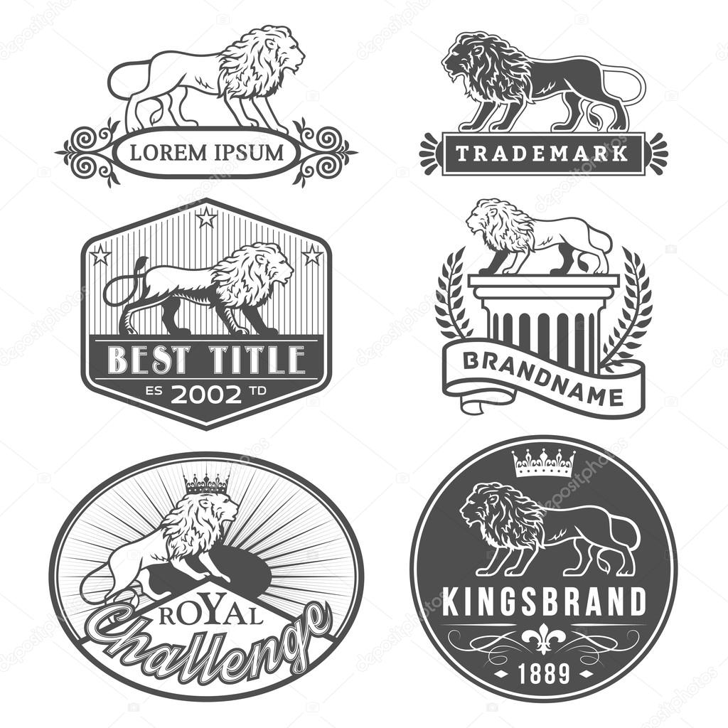 Set of vector labels with main lion design theme. Logo templates,badges,emblems,signs black graphic collection. Product promotion and advertising symbols isolated on white background
