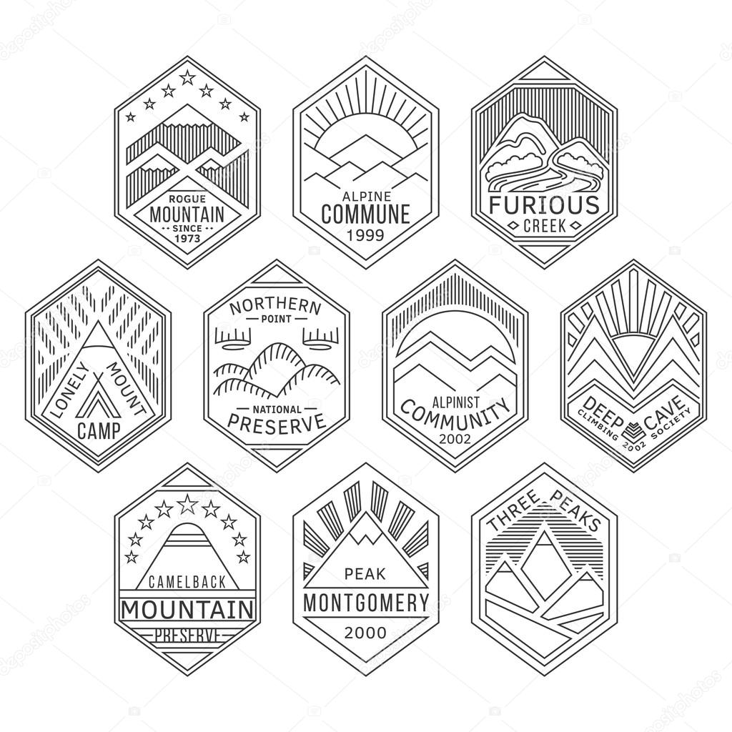 Set of alpinist and mountain climbing outdoor activity vector linear labels. Logotype templates and badges with mountains, peaks, creeks, trees, sun,tent. National parks and nature exploration symbols