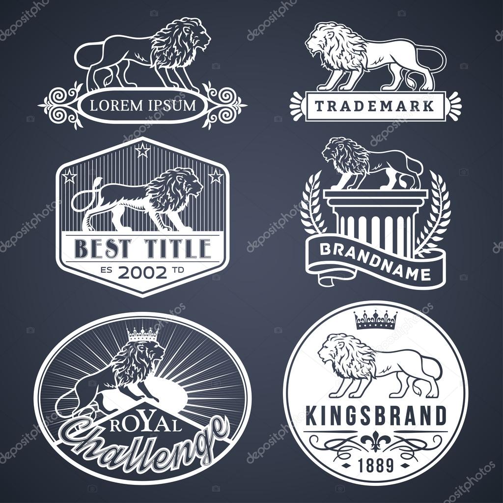Set of vector labels with main lion design theme. Logo templates,badges,emblems,signs white graphic collection. Product promotion and advertising symbols isolated on black background